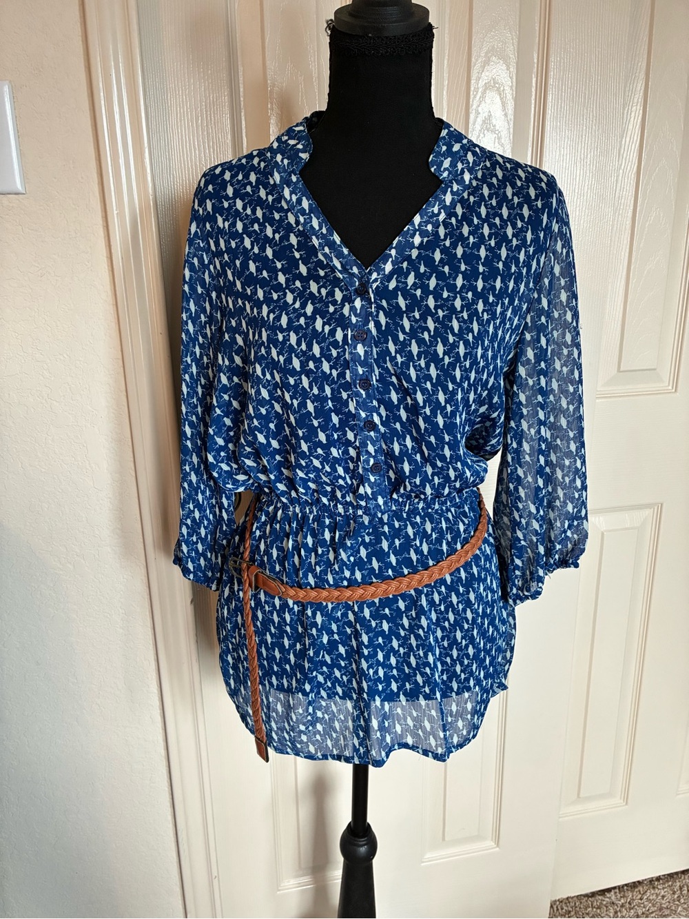 Vintage Blue Patterned Women's Button-Front Blouse